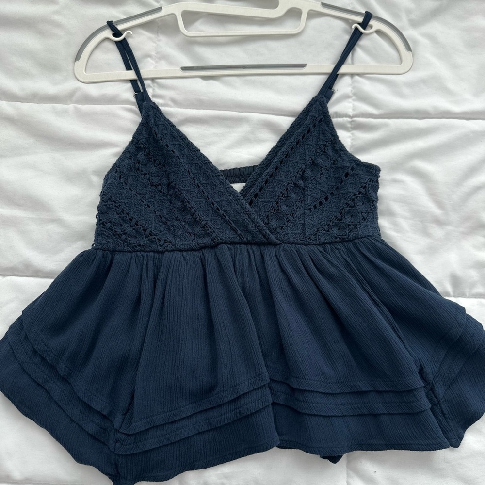 Hollister Navy Crochet V-Neck Flowy Peplum Cami